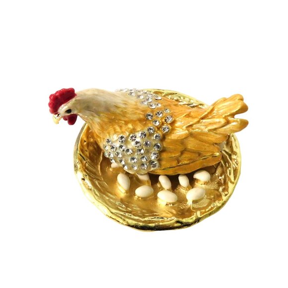 Hen with Eggs Hinged Box Bedazzled Gold Red White Silver Jeweled Collection - Picture 2 of 10